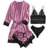 Womens Satin Pajama Set 4 Pcs Floral Lace Trim Cami Lingerie Sleepwear with Robe Nightwear