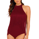 Womens Fringe Trim Sleeveless Bodycon Halter Bodysuit Top