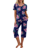 Women Floral Pajama Set Sleepwear Tops with Capri Pants Outfits Ladies Summer Comfy Sleep Nightshirt PJS Set