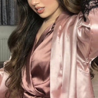 Womens Satin Pajama Set 4 Pcs Floral Lace Trim Cami Lingerie Sleepwear with Robe Nightwear