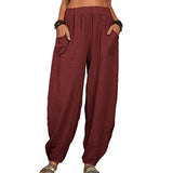 Women Solid Color Loose Cotton Linen Casual Pants Wide Leg Trouser with Pockets