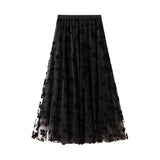 Women Mesh Embroidered A-Line Skirt Summer Casual Chic Elastic High Waist Maxi Skirt