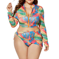 Women Plus Size 3 Piece Bikini  Swimsuit Long Sleeve Bathing Suit Zipper Front Beachwear Swimwear With Scarf