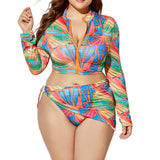 Women Plus Size 3 Piece Bikini  Swimsuit Long Sleeve Bathing Suit Zipper Front Beachwear Swimwear With Scarf
