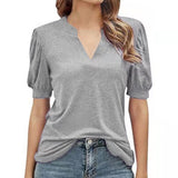 Women's V Neck T-shirts Short Lantern Sleeve Tops Sweet Tee Solid Color Blouse