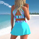 Women Sexy Swimwear V Neck Sleeveless Skirt Set Bow Tie Casual Bathing Suit High Waist Backless Swimdress Ruffle Hem Holiday Summer