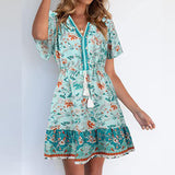 Women Summer Sun Dress Short Sleeve V-Neck Floral Mini Dress Boho Beach Retro V Neck Tassel Swing Tunic Dress