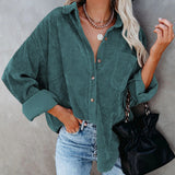 Women's Solid Color Lapel Long Corduroy Sleeve T-Shirt Pullover Blouse Tops Tee