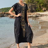 Lumento Women Embroidery Short Sleeve Bikini Cover Up Side Split Beach Kaftan Dress Swimsuit