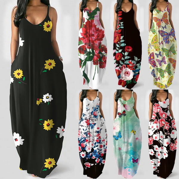 Women's Loose Floral Maxi Dresses Casual Long Dresses 2 Side Pockets Boho Dress