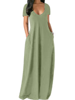 Women Solid Color Long Dress U Neck With Pockets Short Sleeve Comfortable Dress