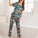 Women Short Sleeve Tops+Pants Round Neck Loungewear Sleepwear Outfit Graphic Print Pajama Set