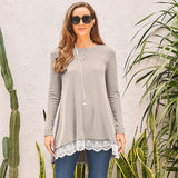 Women's Solid Color Mini Dress Casual Scoop Neck Lace Long Sleeve Pullover Dress
