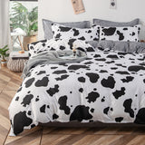 Kid Cartoon Bedding Set Cow Print Duvet Cover Black White Comforter Cover Milk Cow Animal Bedspreads Cover 3 Pcs Queen Size, Reversible Plaid Grid Toddler Teen Boys Girls Room Decor