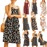 Women Backless Spaghetti Strap Dress Floral Print Pocket Summer Sexy Beach Dress