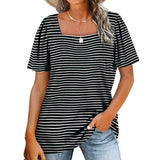 Women Loose Solid Color Ruched Tunic Short Sleeve Stripe T Shirts