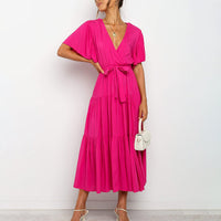 Women's Solid Color Dress Long Short Sleeve Lace Up V Neck Comfortable Dresses