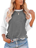 Women Color Matching Crew Neck 3/4 Sleeve T-Shirt Pullover Blouse Tops Tunic Tee