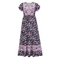 Lumento Women Floral Print Dress Summer V Neck Boho Dress Short Sleeve Long Maxi Dress