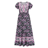 Lumento Women Floral Print Dress Summer V Neck Boho Dress Short Sleeve Long Maxi Dress