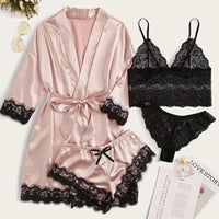 Womens Satin Pajama Set 4 Pcs Floral Lace Trim Cami Lingerie Sleepwear with Robe Nightwear