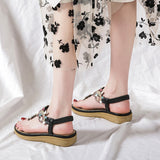 Women's Flat Sandals T-Strap Boho Style Rhinestone Flower Bead Summer Sandals