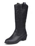 Women's Fashion Embroidery Western Chunky Pointed Toe Mid Calf Boots