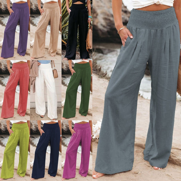 Women Pants Cotton Linen Casual Loose Harem Pant Summer Beach Palazzo Pants with Pockets