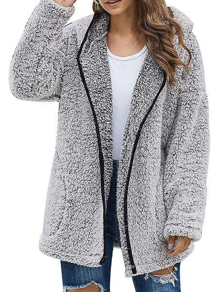 Frontwalk Womens Fuzzy Fleece Jacket Sherpa Winter Zip Up Hoodie Coat Outerwear Solid Open Front Hooded Cardigans with Pocket