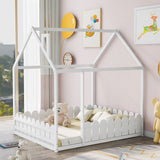 CUH Wood House Bed Twin/Full Size Kids Bed Frame with Roof and Fence, Cabin Bed, Floor Bed, Nursery Furniture, Kids Tent Bed Play Tent for Children Teens Girls Boys