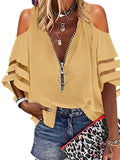 Lumento Women Zip Up V Neck Blouse Bell Sleeve Casual Shirts Sexy Cold Shoulder Tops