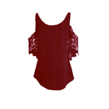 Women Solid Color Hollow Lace Sleeve Strappy Casual Tops T-Shirt Blouse Pullover