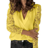 Womens V-Neck Lace Stitching Long Sleeve Casual Pullover Tops Blouse Basic Shirt