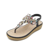 Women's Flat Sandals T-Strap Boho Style Rhinestone Flower Bead Summer Sandals