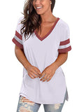 Women's Casual T-Shirt V-Neck Short Sleeve Splicing Tops Split Hem Summer Basic