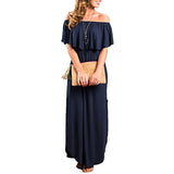 Sexy Off Shoulder Long Maxi Dress for Women Short Sleeve Summer Beach Sundress Split Ruffle Dress with Pocket