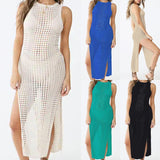 Lumento Crochet Cover Ups for Women Hollow Out Sleeveless Bikini Swimsuit Swimwear Side Split Long Beach Dress