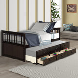 Gplesas Twin Size Captain Bed w/3 Storage Drawers, Trundle Bed Wooden Bed Frame, Solid Wood Platform Guest Bed Walnut