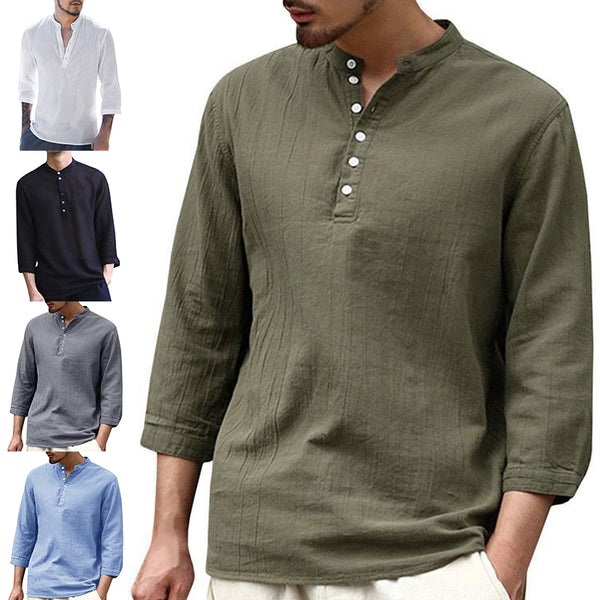 Men's Casual Solid Color Long Sleeves Shirt Tops Blouse Cardigan V-Neck Buttons