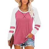 Women Color Matching Crew Neck Long Sleeve T-Shirt Pullover Blouse Top Tunic Tee
