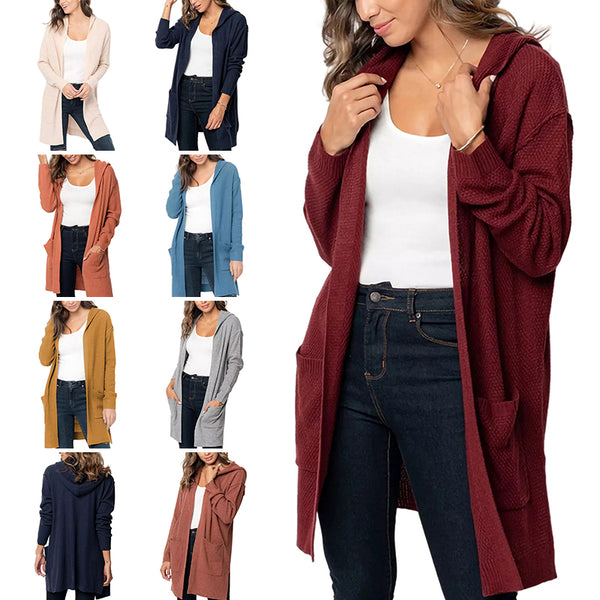 Women's Casual Cardigan Pockets Knitted Long Sleeve Hooded Jumper Knitted Top