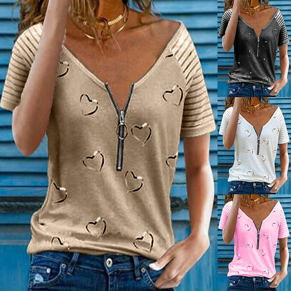 Women's Heart Printed T-Shirts Short Sleeve Summer Casual Round Neck Plus Size