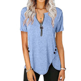 Women Summer Top V Neck Split Zippers Shirt Solid Color Summer Basic Tee Tops