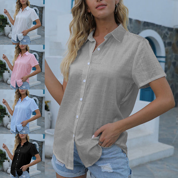 Women's Casual Solid Color Lapel Short Sleeve Shirt Loose Casual Cardigan Tops