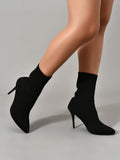 Womens Knitted Stretch Cloth Slip On Ankle Boots Pointed Toe Fashionable Kitten High Heels Boots
