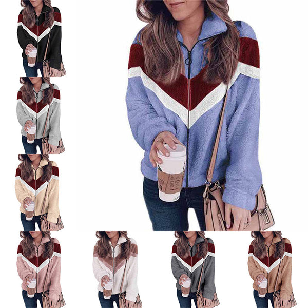 Women Ladies Stitching Zipper Wooly Cardigan Casual Long Sleeve Lapel Coat Tops