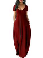 Women Solid Color Long Dress U Neck With Pockets Short Sleeve Comfortable Dress