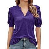 Women's V Neck T-shirts Short Lantern Sleeve Tops Sweet Tee Solid Color Blouse
