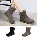 Lady Solid Color Ankle Boots Flat Shoes Warm Booties Side Zip Round Toe High Top