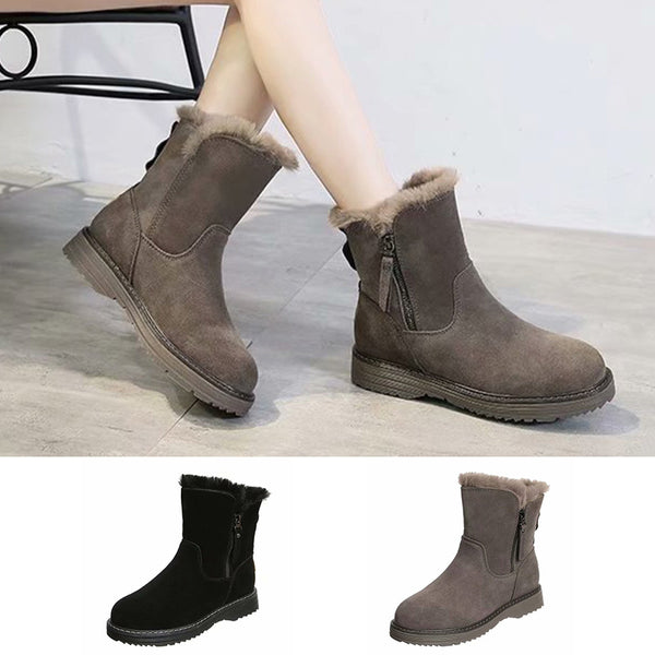 Lady Solid Color Ankle Boots Flat Shoes Warm Booties Side Zip Round Toe High Top